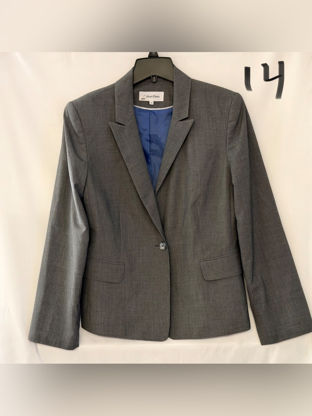 Calvin Klein Women's Gray Single-Button Blazer with Blue Lining